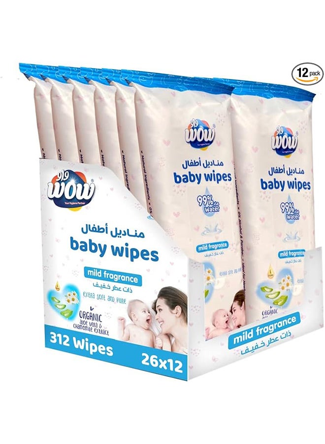 WOW Baby Wipes -Mild  Fragrance 99% Water Wipes | Extra Thick Long Wipes with Organic Aloe Vera, Chamomile Extract and Vitamin E, Gentle on sensitive skin| 26's Pack of 12 | 312 Wipes - Image 1