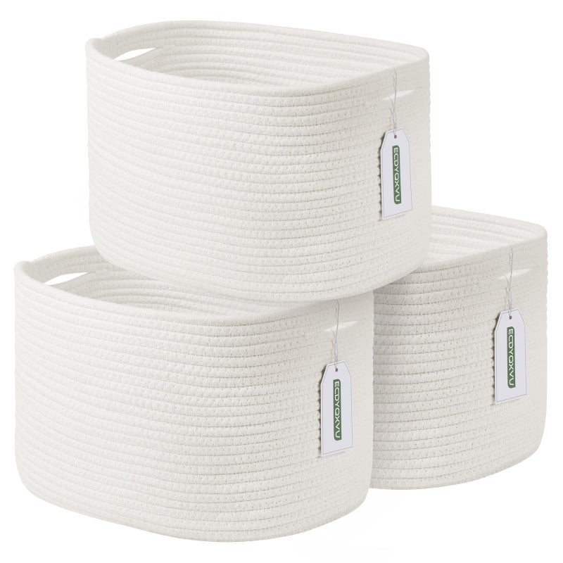 ECDYQXVU Cotton Rope Storage Basket 15x10x9 Inches Woven Basket for Shelves Clothes Toys Towels Books and Laundry Durable and Stylish White 3 Pack