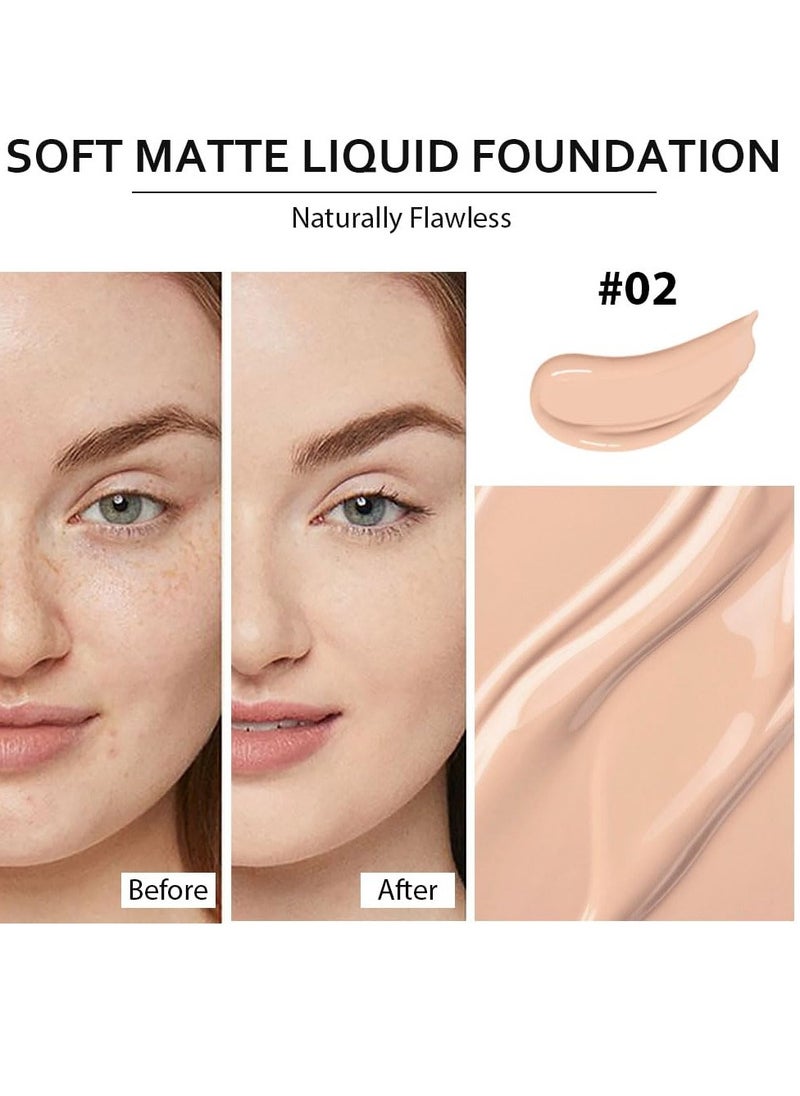 Excefore - Liquid Foundation Cream, 2 Pcs Long-Lasting Hydrating Foundation, Full Coverage Matte Concealer Make Up, Oil Control & Waterproof Base Primer, with Foundation Brush, for Face Makeup (1 Fl.Oz) - Image 1