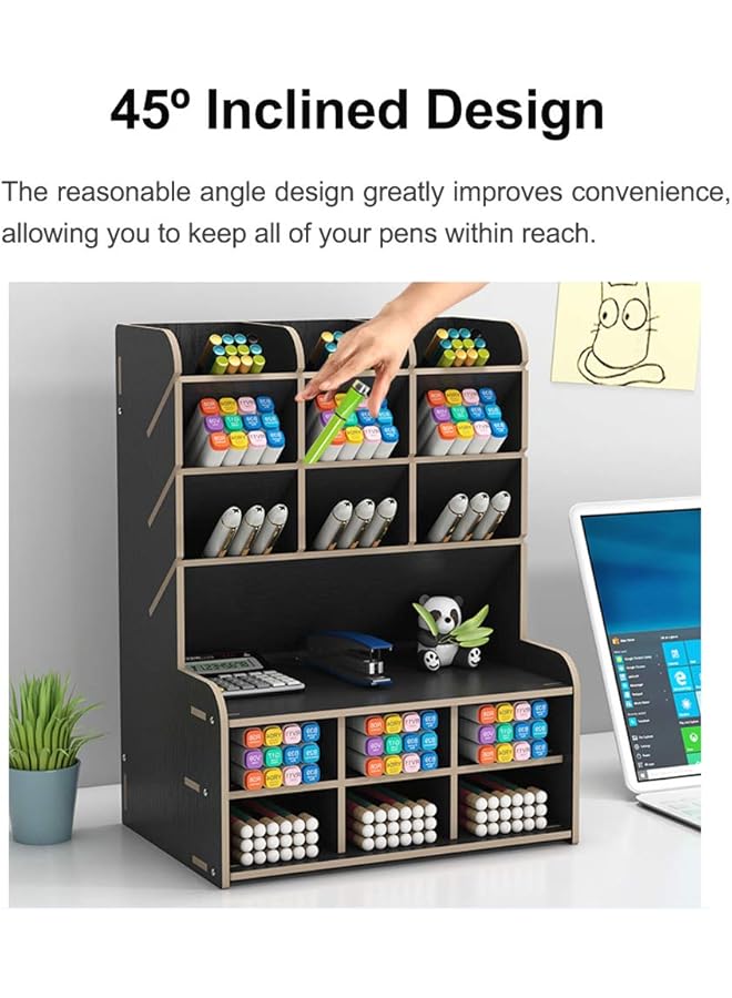 erorex Wooden Desk Organizer Large Capacity Diy Pen Holder Storage Box Desktop Stationary Storage Rack Pen Organizer Caddies For Office Home And School Supplies B15 Black - Image 4