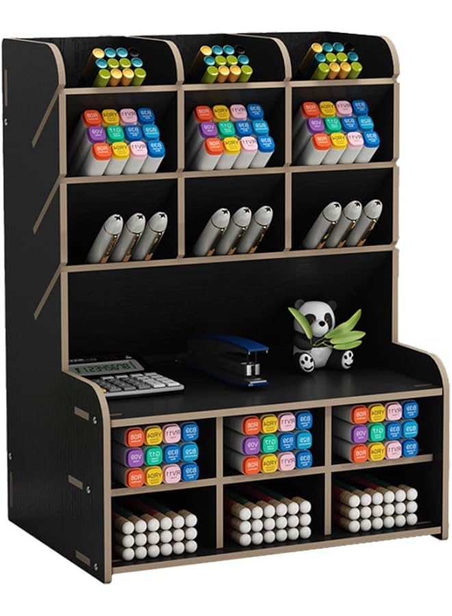 erorex Wooden Desk Organizer Large Capacity Diy Pen Holder Storage Box Desktop Stationary Storage Rack Pen Organizer Caddies For Office Home And School Supplies B15 Black - Image 1
