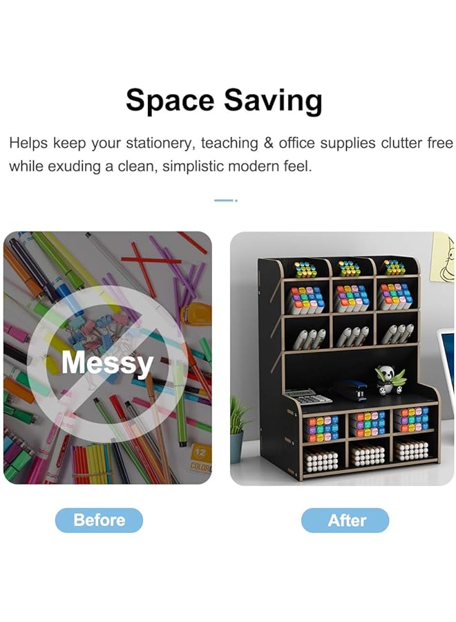 erorex Wooden Desk Organizer Large Capacity Diy Pen Holder Storage Box Desktop Stationary Storage Rack Pen Organizer Caddies For Office Home And School Supplies B15 Black - Image 2