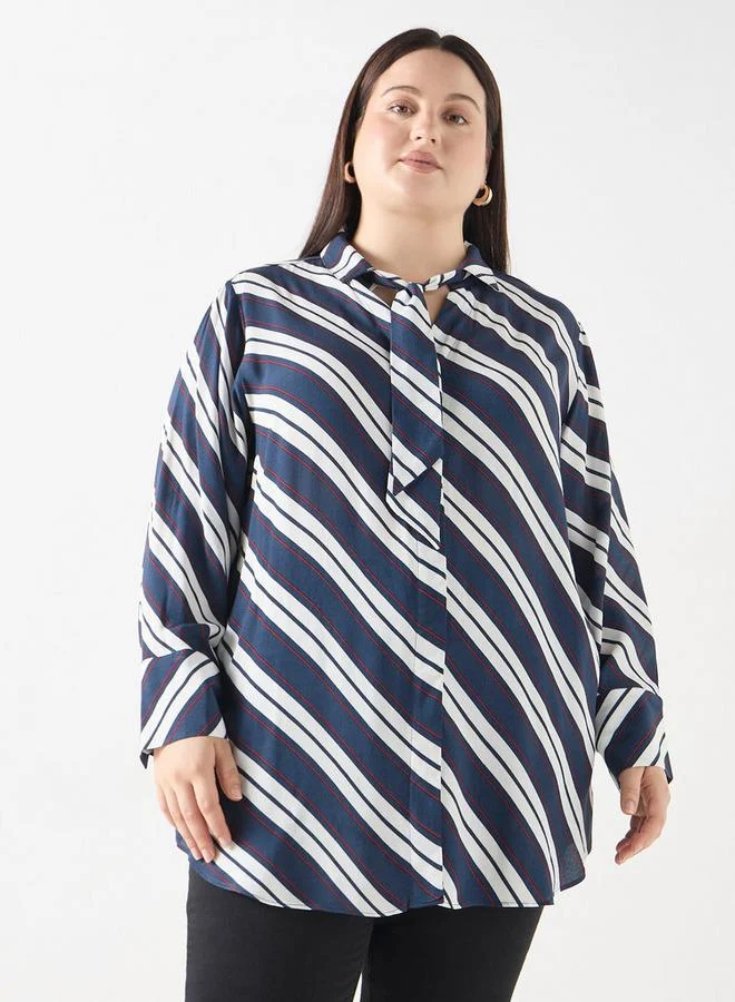 Ulla Popken Plus Size Ulla Popken Striped Shirt with Tie-Up Detail