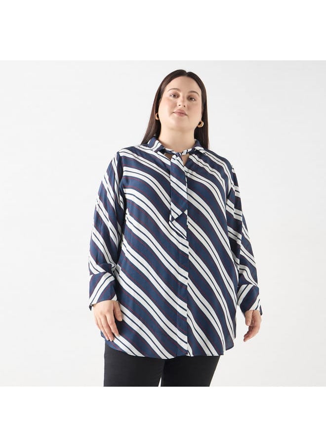 Ulla Popken Plus Size Ulla Popken Striped Shirt with Tie-Up Detail  - Image 1