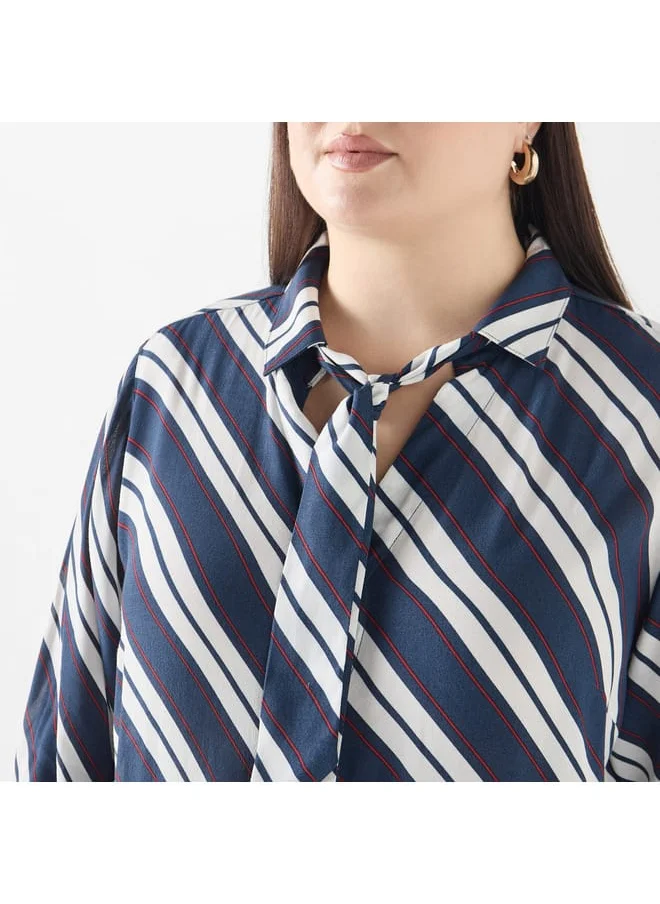 Ulla Popken Plus Size Ulla Popken Striped Shirt with Tie-Up Detail