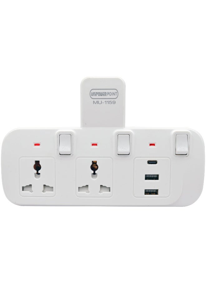 Unipower - Unipower Multi Plug Extension Socket 2 way with 1 USB & 2 C type, Extender Wall Socket 2 Way Multiple Electrical Outlet Adaptor with  Light, Electrical Power Extender Outlet Adaptor for Home, Office, Kitchen - Image 1