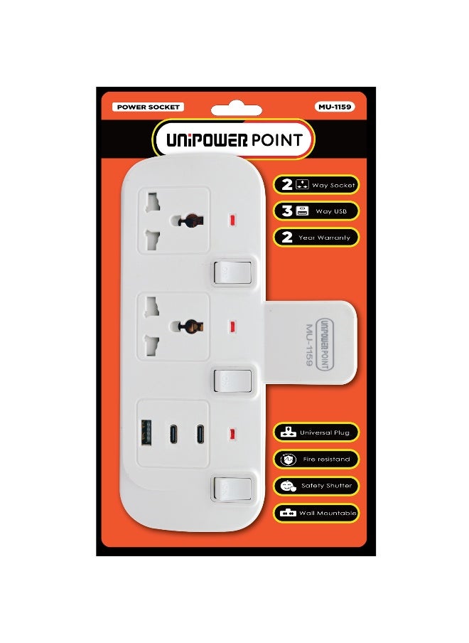Unipower - Unipower Multi Plug Extension Socket 2 way with 1 USB & 2 C type, Extender Wall Socket 2 Way Multiple Electrical Outlet Adaptor with  Light, Electrical Power Extender Outlet Adaptor for Home, Office, Kitchen - Image 1