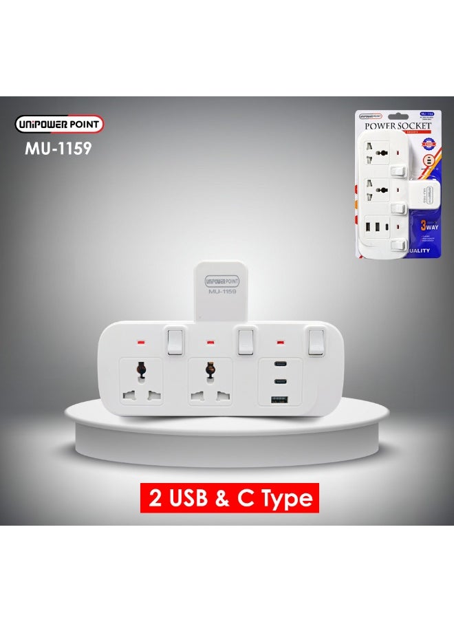 Unipower - Unipower Multi Plug Extension Socket 2 way with 1 USB & 2 C type, Extender Wall Socket 2 Way Multiple Electrical Outlet Adaptor with  Light, Electrical Power Extender Outlet Adaptor for Home, Office, Kitchen - Image 1