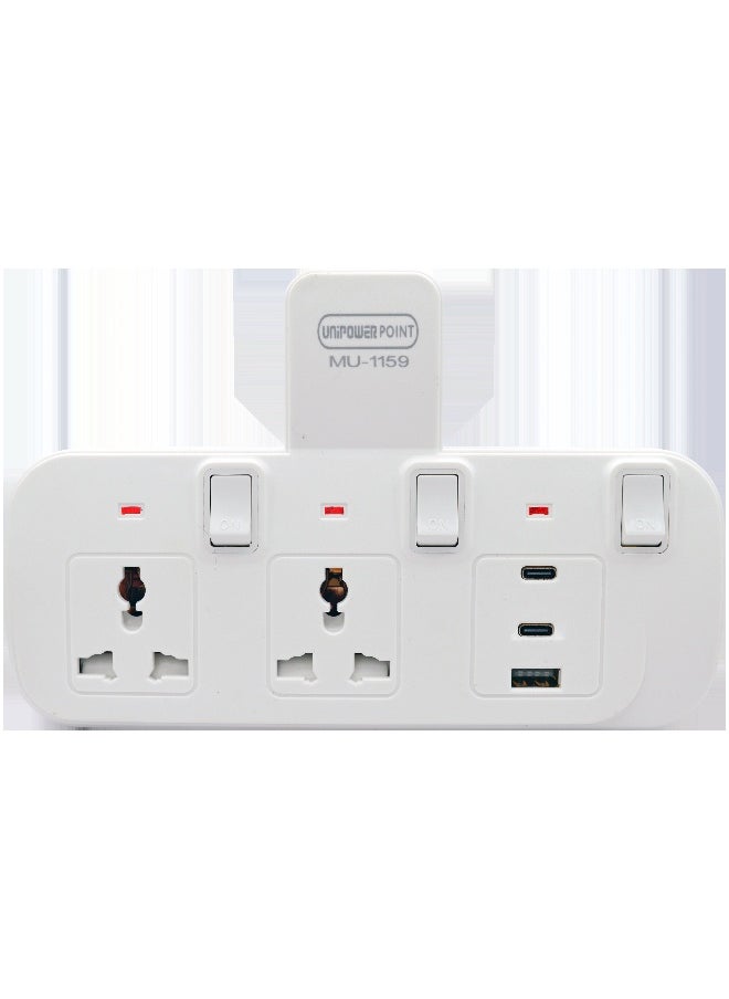 Unipower - Unipower Multi Plug Extension Socket 2 way with 1 USB & 2 C type, Extender Wall Socket 2 Way Multiple Electrical Outlet Adaptor with  Light, Electrical Power Extender Outlet Adaptor for Home, Office, Kitchen - Image 1