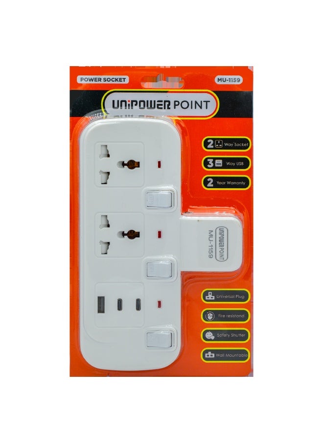 Unipower - Unipower Multi Plug Extension Socket 2 way with 1 USB & 2 C type, Extender Wall Socket 2 Way Multiple Electrical Outlet Adaptor with  Light, Electrical Power Extender Outlet Adaptor for Home, Office, Kitchen - Image 1