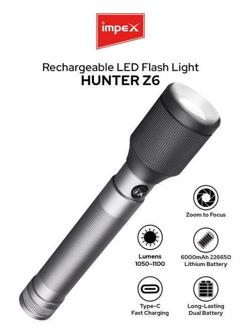 كشاف يدوي قابل لإعادة الشحن Impex Hunter Z6 | قدرة عالية 25W | شدة إضاءة 1050–1100 لومين | بطاريتان ليثيوم 26650 بسعة 3000mAh لكل واحدة | خاصية التكبير | 3 أوضاع طاقة | شحن Type-C | وقت شحن 7 ساعات | يعمل1.5 H to 2 H ساعات | هيكل ألومنيوم قوي | ضمان سنتين – أسود