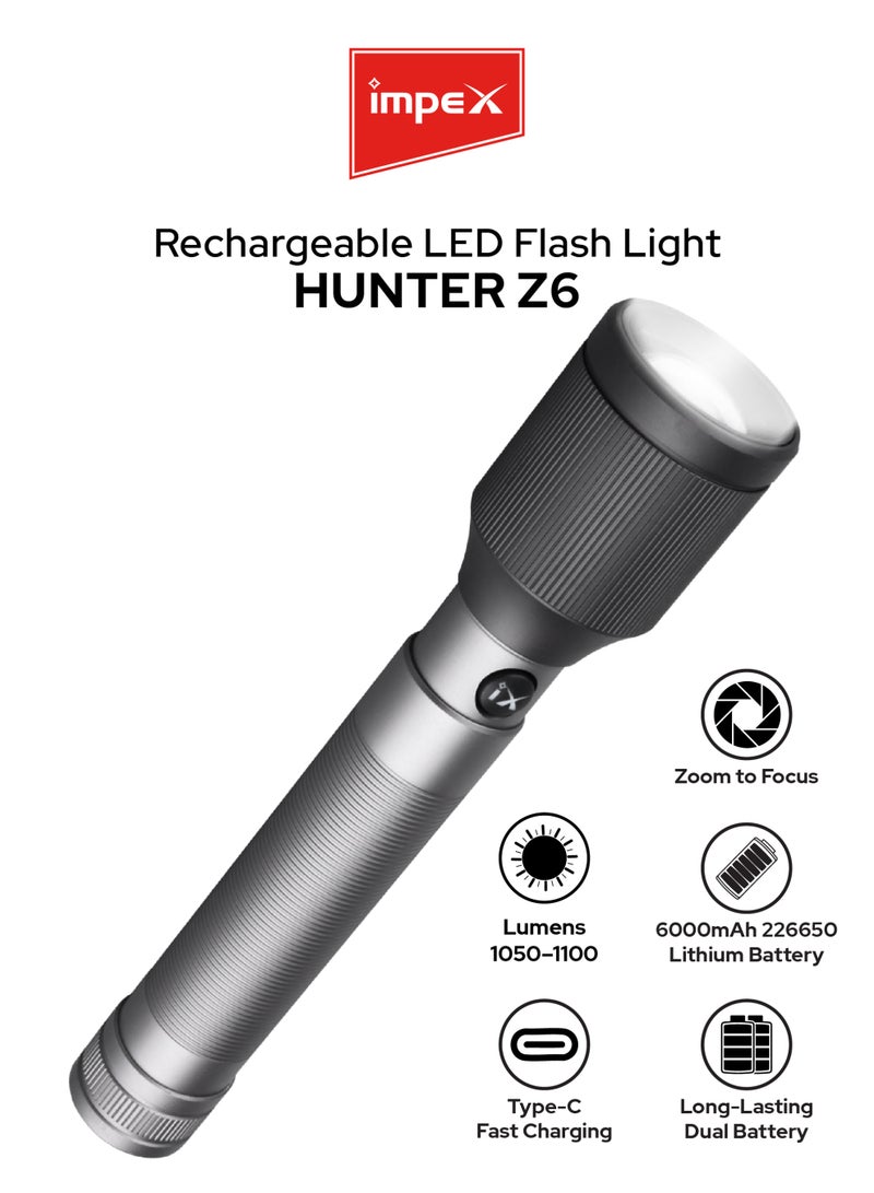إمبكس كشاف يدوي قابل لإعادة الشحن Impex Hunter Z6 | قدرة عالية 25W | شدة إضاءة 1050–1100 لومين | بطاريتان ليثيوم 26650 بسعة 3000mAh لكل واحدة | خاصية التكبير | 3 أوضاع طاقة | شحن Type-C | وقت شحن 7 ساعات | يعمل1.5 H to 2 H ساعات | هيكل ألومنيوم قوي | ضمان سنتين – أسود - Image 1