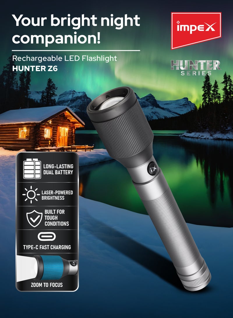 إمبكس كشاف يدوي قابل لإعادة الشحن Impex Hunter Z6 | قدرة عالية 25W | شدة إضاءة 1050–1100 لومين | بطاريتان ليثيوم 26650 بسعة 3000mAh لكل واحدة | خاصية التكبير | 3 أوضاع طاقة | شحن Type-C | وقت شحن 7 ساعات | يعمل1.5 H to 2 H ساعات | هيكل ألومنيوم قوي | ضمان سنتين – أسود - Image 3