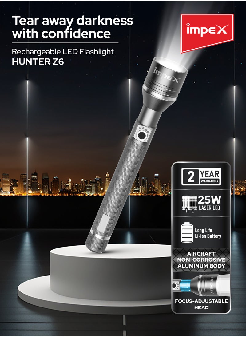 Impex - Rechargeable LED Flashlight, 25W Laser LED Torch, Aircraft-Grade Aluminum Body, 4000mAh Li-ion Battery, Type C Charging, 800-1000 Lumens, Adjustable Focus, 5 Modes, and 3-4 Hour Runtime - Hunter Z6 - Image 1