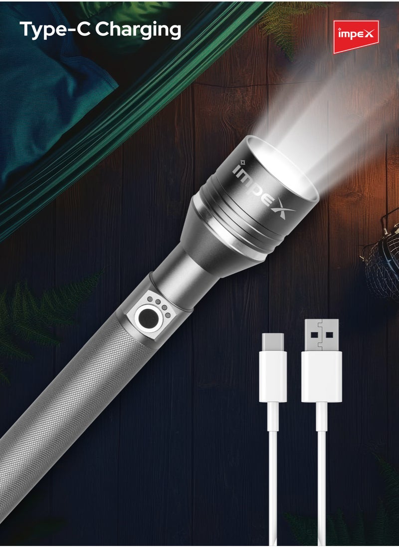 Impex - Rechargeable LED Flashlight, 25W Laser LED Torch, Aircraft-Grade Aluminum Body, 4000mAh Li-ion Battery, Type C Charging, 800-1000 Lumens, Adjustable Focus, 5 Modes, and 3-4 Hour Runtime - Hunter Z6 - Image 1