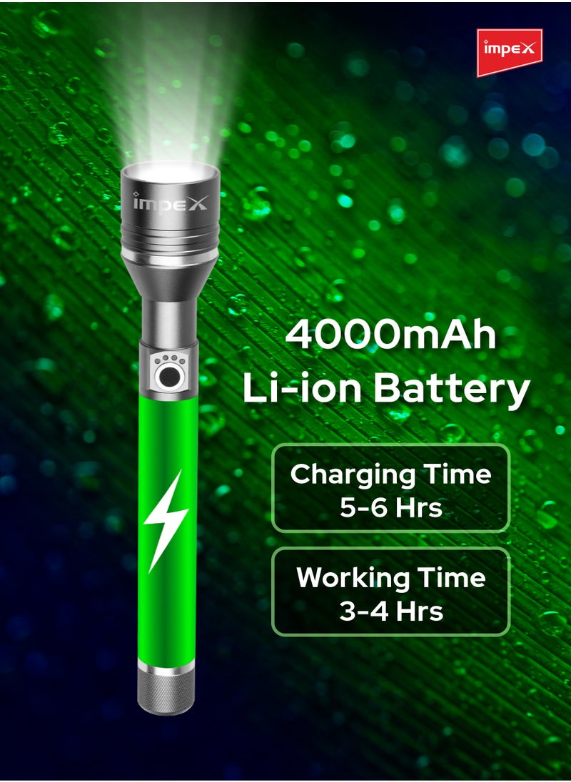 Impex - Rechargeable LED Flashlight, 25W Laser LED Torch, Aircraft-Grade Aluminum Body, 4000mAh Li-ion Battery, Type C Charging, 800-1000 Lumens, Adjustable Focus, 5 Modes, and 3-4 Hour Runtime - Hunter Z6 - Image 1