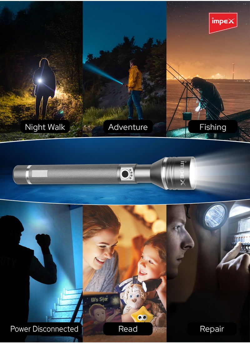 Impex - Rechargeable LED Flashlight, 25W Laser LED Torch, Aircraft-Grade Aluminum Body, 4000mAh Li-ion Battery, Type C Charging, 800-1000 Lumens, Adjustable Focus, 5 Modes, and 3-4 Hour Runtime - Hunter Z6 - Image 1