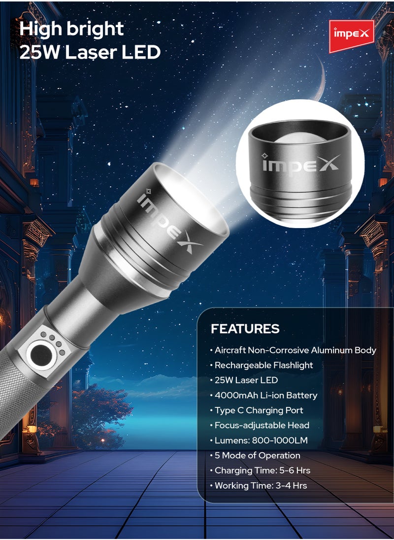 Impex - Rechargeable LED Flashlight, 25W Laser LED Torch, Aircraft-Grade Aluminum Body, 4000mAh Li-ion Battery, Type C Charging, 800-1000 Lumens, Adjustable Focus, 5 Modes, and 3-4 Hour Runtime - Hunter Z6 - Image 1