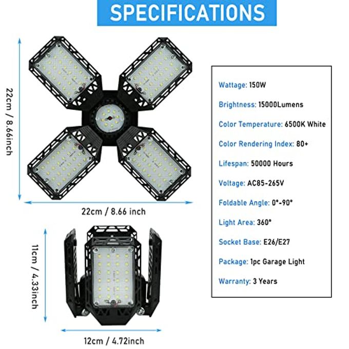 QiyuanLS LED Garage Light,150W Deformable Garage Ceiling Lights,15000LM, 4 Adjustable Panels, E26/E27 Shop Lights for Basement, Barn, Workshop,High Bay Light - Image 5