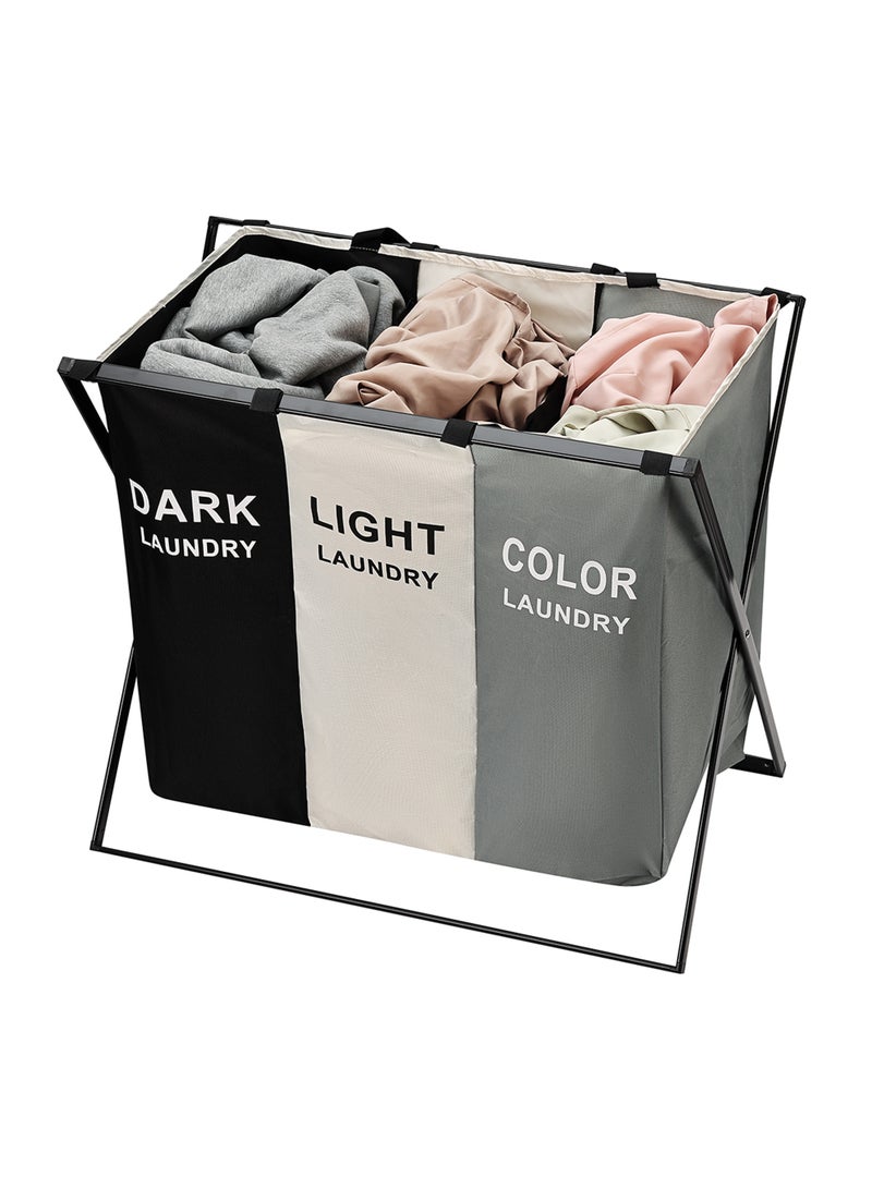 LAWAZIM Waterproof Foldable Laundry Basket Clothes Hamper Three Sections Clothe Sorter with Aluminum Frame -Laundry Hamper (64x35x59cm) with X-Shape Frame, Handles -Ideal for Laundry Room Organization - Image 1