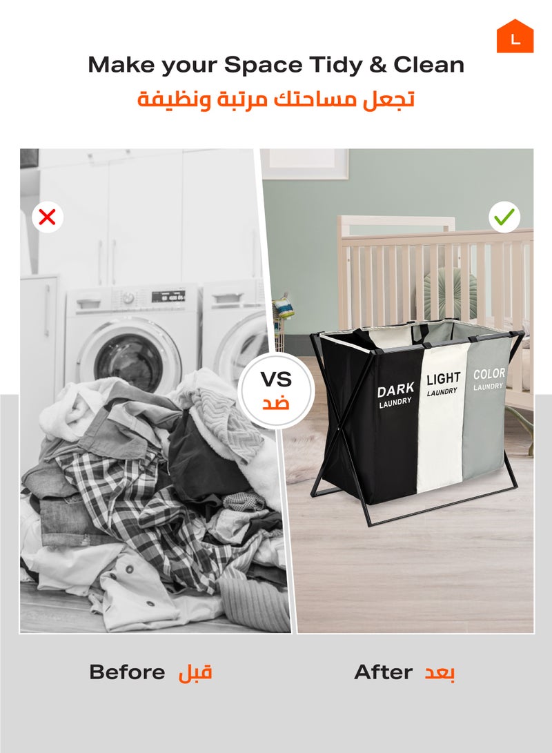 LAWAZIM Waterproof Foldable Laundry Basket Clothes Hamper Three Sections Clothe Sorter with Aluminum Frame -Laundry Hamper (64x35x59cm) with X-Shape Frame, Handles -Ideal for Laundry Room Organization - Image 3