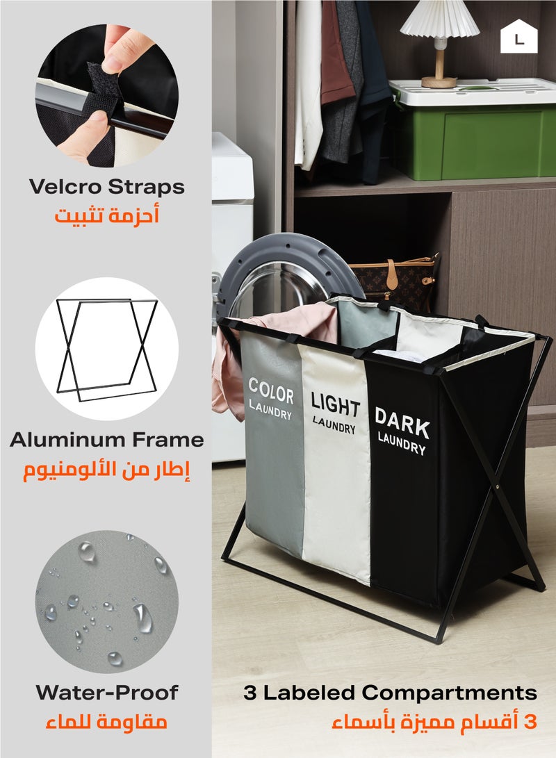LAWAZIM Waterproof Foldable Laundry Basket Clothes Hamper Three Sections Clothe Sorter with Aluminum Frame -Laundry Hamper (64x35x59cm) with X-Shape Frame, Handles -Ideal for Laundry Room Organization - Image 4
