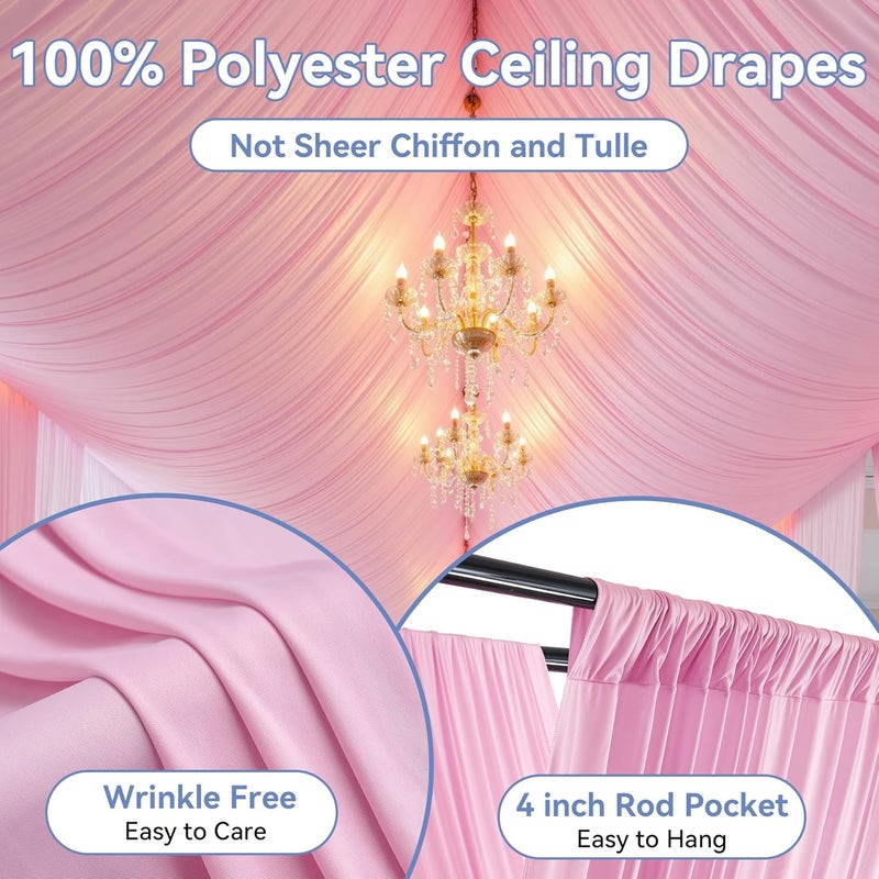 NSSONBEN 60ft×20ft Thick Baby Pink Ceiling Drapes Curtains Panels, 12 Panels 20ft Long Wrinke Free Smooth Draping Polyester Fabric Pink Drapery, Tent Canopy Roof Church Ceiling Drape for Parties Weddings - Image 3