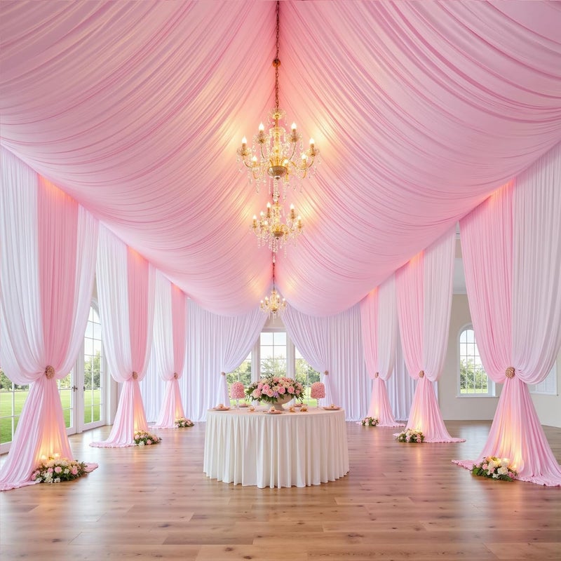 NSSONBEN 60ft×20ft Thick Baby Pink Ceiling Drapes Curtains Panels, 12 Panels 20ft Long Wrinke Free Smooth Draping Polyester Fabric Pink Drapery, Tent Canopy Roof Church Ceiling Drape for Parties Weddings - Image 4