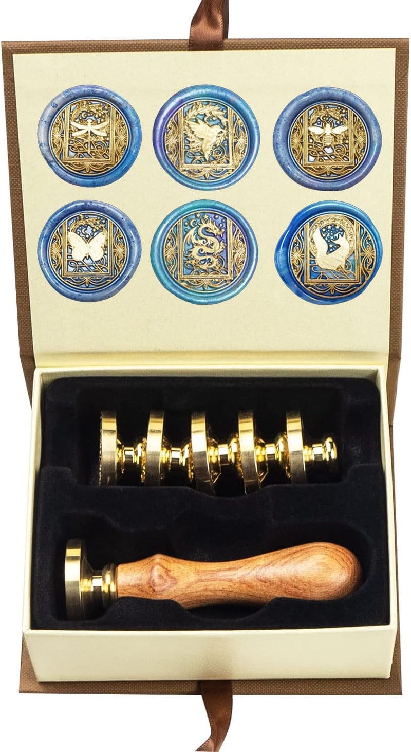 ANBOSE Wax Seal Stamp kit, Animal Wax Seal Stamp Set with 6 PCS Removable Brass Heads and 1 Wooden Handle, Retro Starry Butterfly Dragonfly Bee Dragon Sealing Wax Stamp for Cards Invitations - Image 1