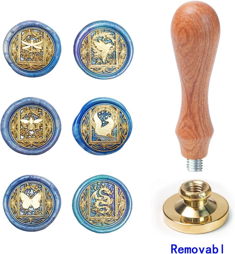 ANBOSE Wax Seal Stamp kit, Animal Wax Seal Stamp Set with 6 PCS Removable Brass Heads and 1 Wooden Handle, Retro Starry Butterfly Dragonfly Bee Dragon Sealing Wax Stamp for Cards Invitations - Image 3