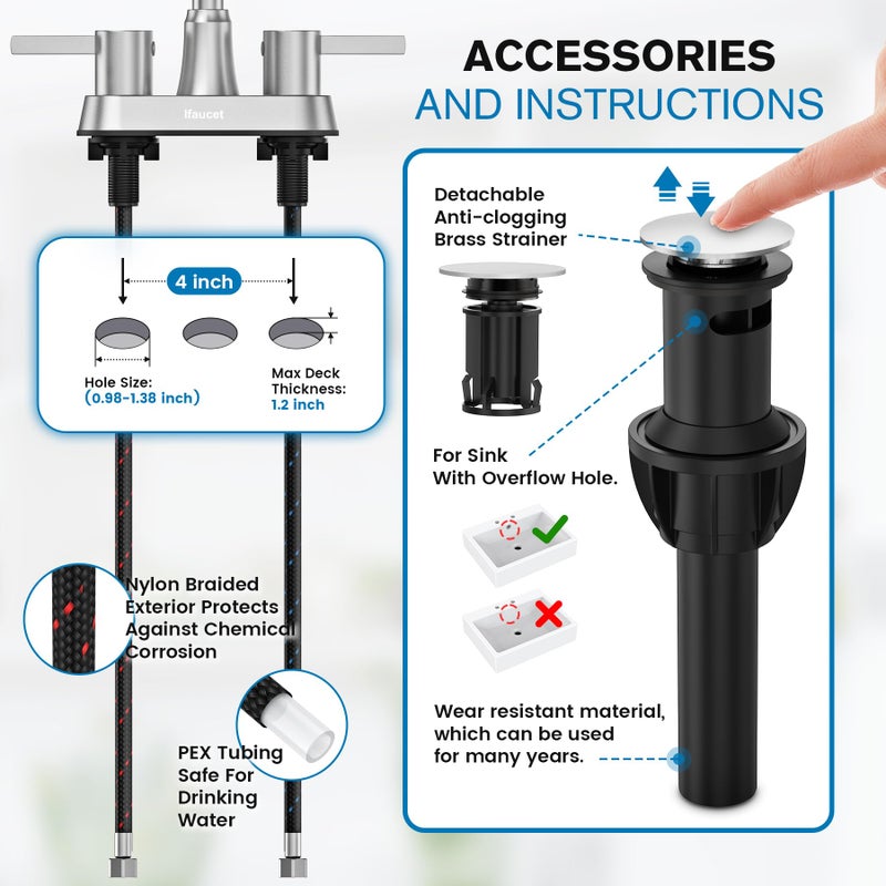 Ifaucet حنفيات الحمام، حنفية حمام 3 ثقوب، حنفية حوض الحمام، حنفية لحوض الحمام 4 بوصة 2 مقبض مركزية، خالية من الرصاص، مع تصريف من النحاس (نيكل مصقول) - Image 4