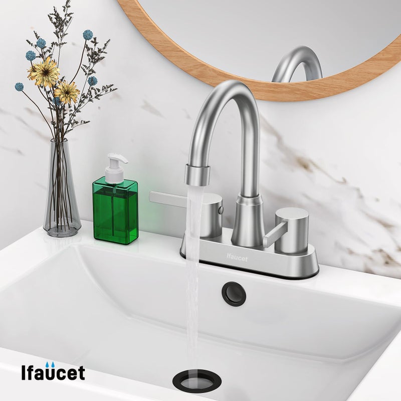 Ifaucet حنفيات الحمام، حنفية حمام 3 ثقوب، حنفية حوض الحمام، حنفية لحوض الحمام 4 بوصة 2 مقبض مركزية، خالية من الرصاص، مع تصريف من النحاس (نيكل مصقول) - Image 5