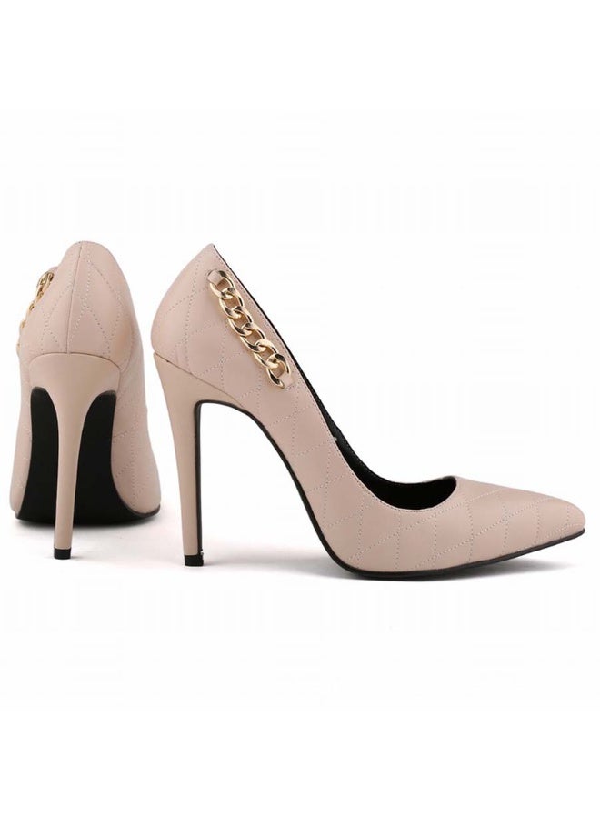 Loquat High-Quality Leather Elegant Versatile Topstitching Pointed Toe High Heels 8cm Nude - Image 1