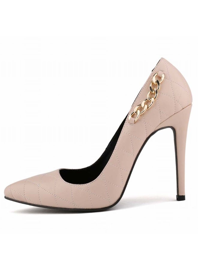 Loquat High-Quality Leather Elegant Versatile Topstitching Pointed Toe High Heels 8cm Nude - Image 2