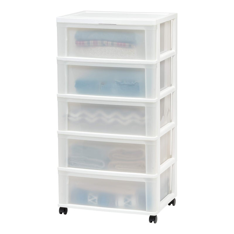 IRIS IRIS USA Plastic Drawer Storage Organizer Rolling Cart with Wheels Casters 5Drawers for Art Craft Supplies Dresser Closet Bathroom Dorm Bedroom Laundry Room Wide White