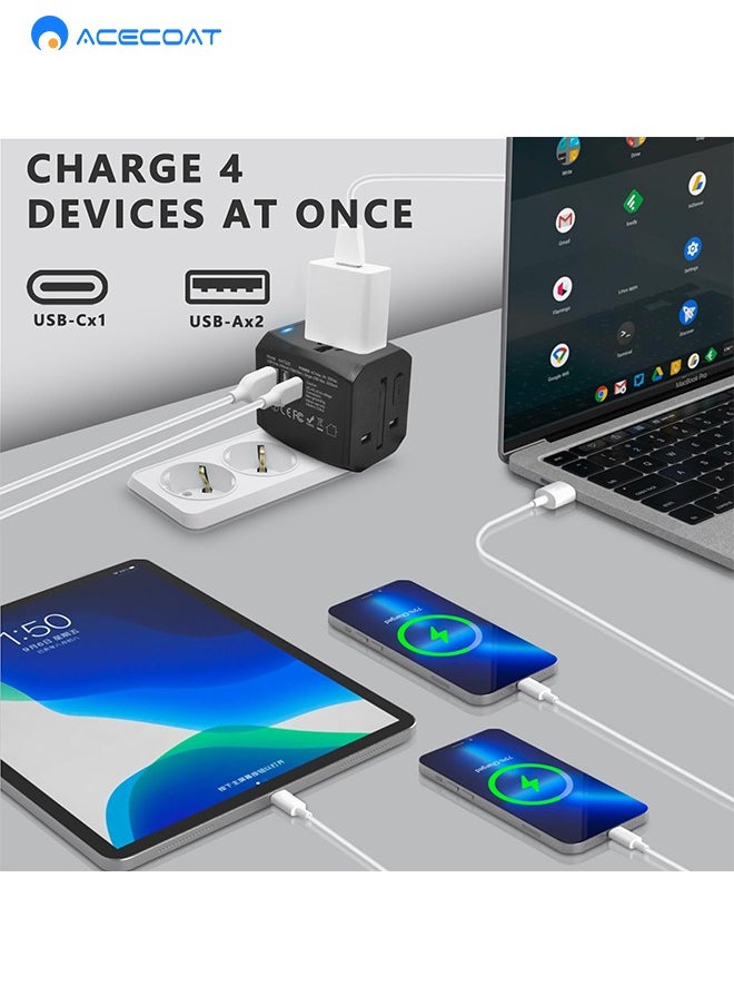 ايسكوت - محول سفر عالمي في جميع أنحاء العالم، محول قابس السفر في جميع أنحاء العالم مع USB C و2 USB محول طاقة شاحن عالمي للسفر العالمي لجميع دول الاتحاد الاوروبي والولايات المتحدة والمملكة المتحدة واستراليا - Image 1