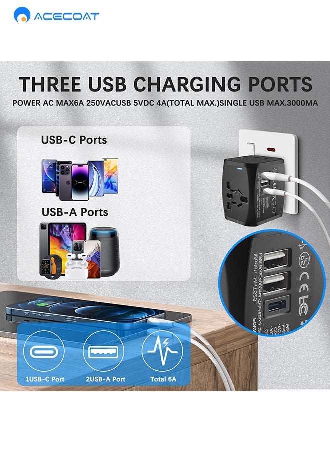 ايسكوت - محول سفر عالمي في جميع أنحاء العالم، محول قابس السفر في جميع أنحاء العالم مع USB C و2 USB محول طاقة شاحن عالمي للسفر العالمي لجميع دول الاتحاد الاوروبي والولايات المتحدة والمملكة المتحدة واستراليا - Image 1