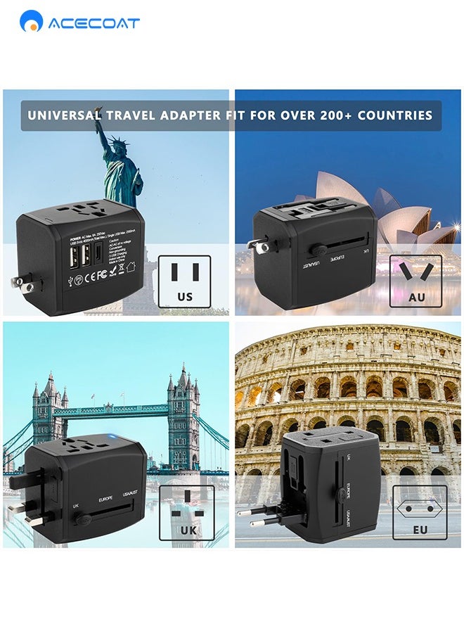 ايسكوت - محول سفر عالمي في جميع أنحاء العالم، محول قابس السفر في جميع أنحاء العالم مع USB C و2 USB محول طاقة شاحن عالمي للسفر العالمي لجميع دول الاتحاد الاوروبي والولايات المتحدة والمملكة المتحدة واستراليا - Image 1