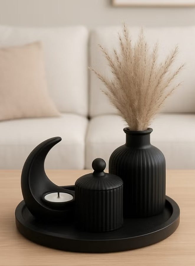 مجموعة ديكورية عصرية من الراتنج (5 قطع) - جرة بغطاء + مزهرية + حامل شموع هلالي