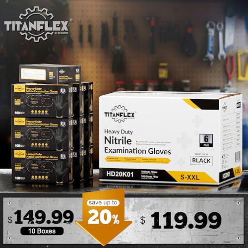 Titanflex قفازات نيتريل طبية قابلة للتصرف من TitanFlex، بسماكة 6 مل، سوداء، كبيرة، علبة 1000 قطعة، قفازات قابلة للتصرف للاستخدام الثقيل، للطهي، الميكانيكا، خالية من اللاتكس، آمنة للطعام - Image 2