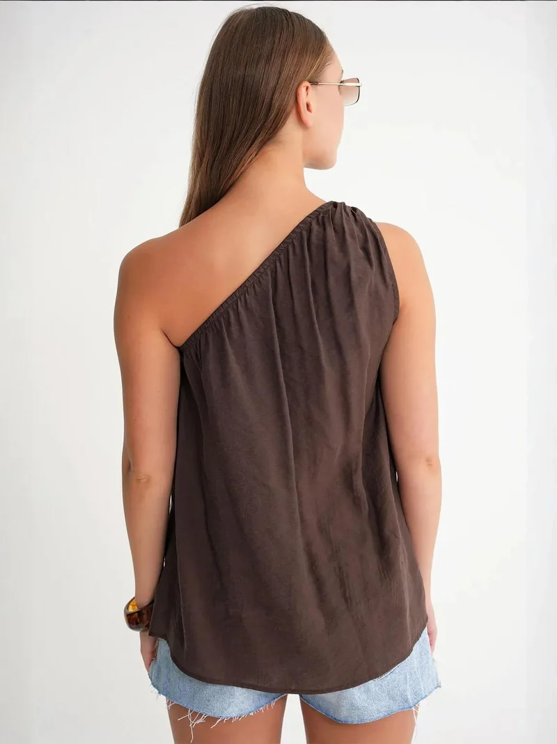 MixRay Coffee Brown Mixray Asymmetrical Collar Accessory Detailed Top for Women | Best Price UAE