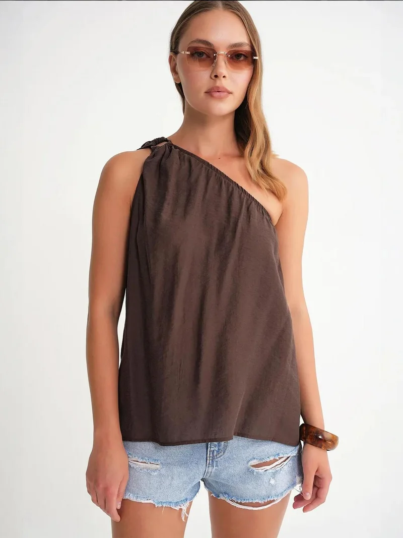 MixRay Coffee Brown Mixray Asymmetrical Collar Accessory Detailed Top for Women | Best Price UAE