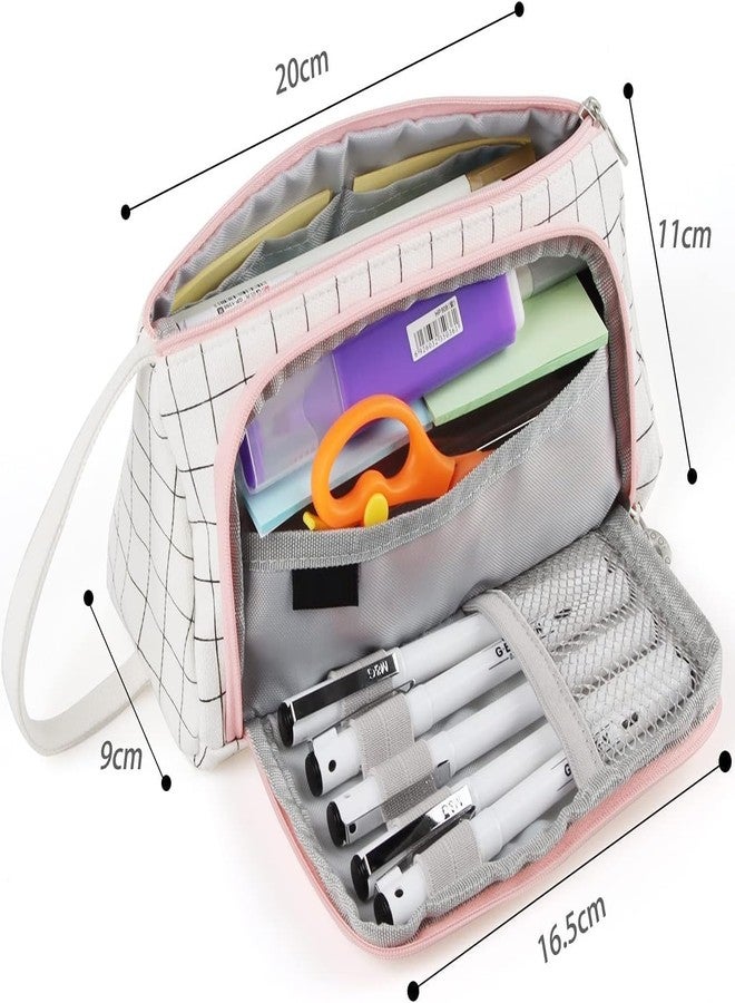 DEVYAMI Multi-Compartment Pencil Box for Girls & Boys, 3 Compartments Pen & Pencil Pouches | Large Capacity Stationery Organiser with Elastic Pen Slots & Dual Zippers | Fabric Zippered Pouch (White) - Image 2