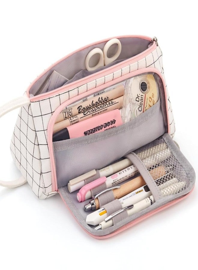 DEVYAMI Multi-Compartment Pencil Box for Girls & Boys, 3 Compartments Pen & Pencil Pouches | Large Capacity Stationery Organiser with Elastic Pen Slots & Dual Zippers | Fabric Zippered Pouch (White) - Image 1