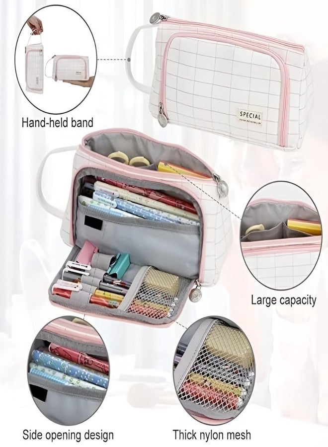 DEVYAMI Multi-Compartment Pencil Box for Girls & Boys, 3 Compartments Pen & Pencil Pouches | Large Capacity Stationery Organiser with Elastic Pen Slots & Dual Zippers | Fabric Zippered Pouch (White) - Image 4