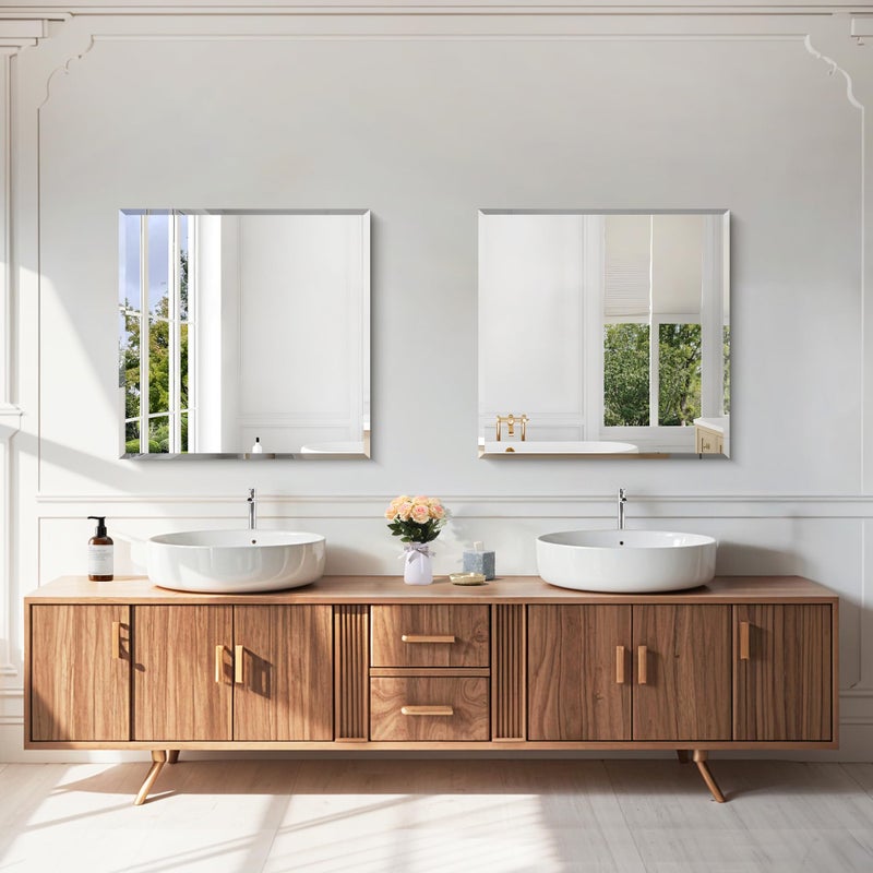 KOCUUY مرآة مربعة مائلة KOCUUY، 24x24 بوصة مرآة حمام بدون إطار فوق الحوض، تصميم مرآة مائل غير قابلة للكسر محدثة للحمام، غرفة النوم، تعليق أفقي/عمودي - Image 2