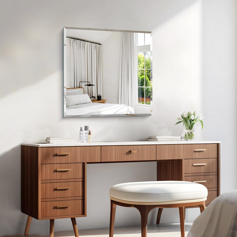 KOCUUY مرآة مربعة مائلة KOCUUY، 24x24 بوصة مرآة حمام بدون إطار فوق الحوض، تصميم مرآة مائل غير قابلة للكسر محدثة للحمام، غرفة النوم، تعليق أفقي/عمودي - Image 4