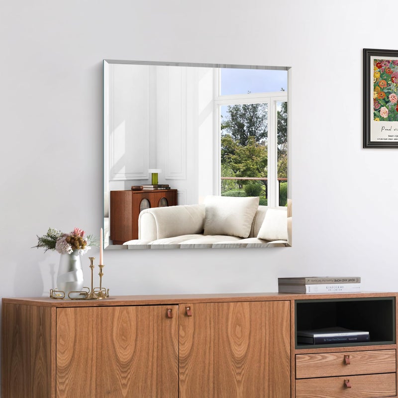KOCUUY مرآة مربعة مائلة KOCUUY، 24x24 بوصة مرآة حمام بدون إطار فوق الحوض، تصميم مرآة مائل غير قابلة للكسر محدثة للحمام، غرفة النوم، تعليق أفقي/عمودي - Image 1