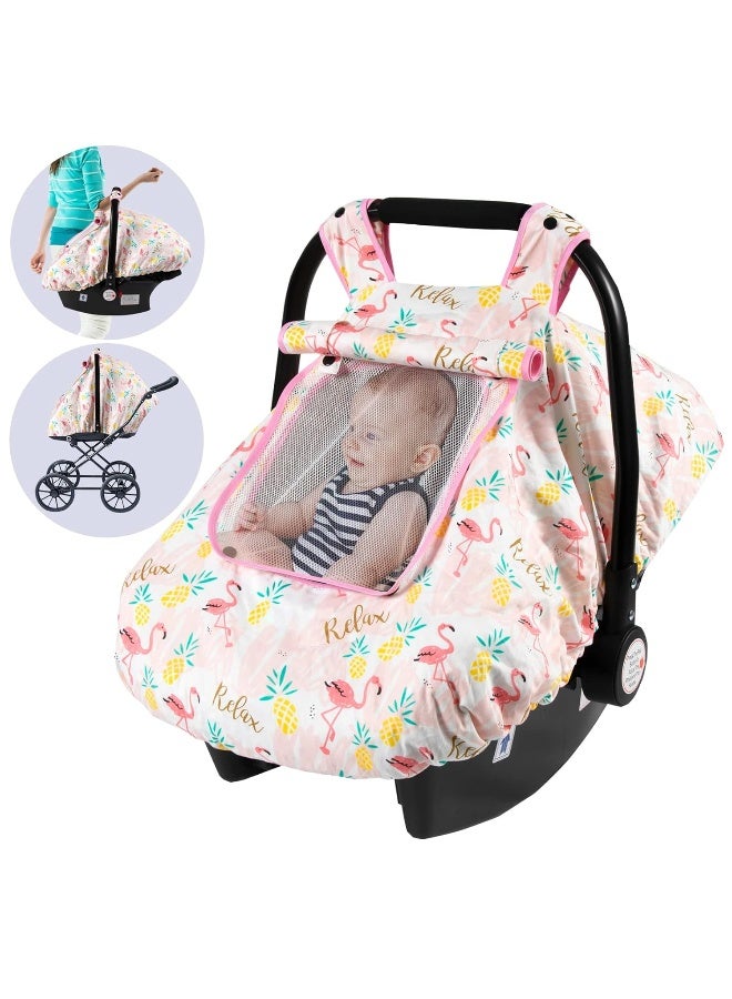 SMTTW Baby Car Seat Cover - Universal Fit, Snug, Breathable, Canopy for Boys/Girls, Ideal for All Seasons (Flamingo) - Image 1