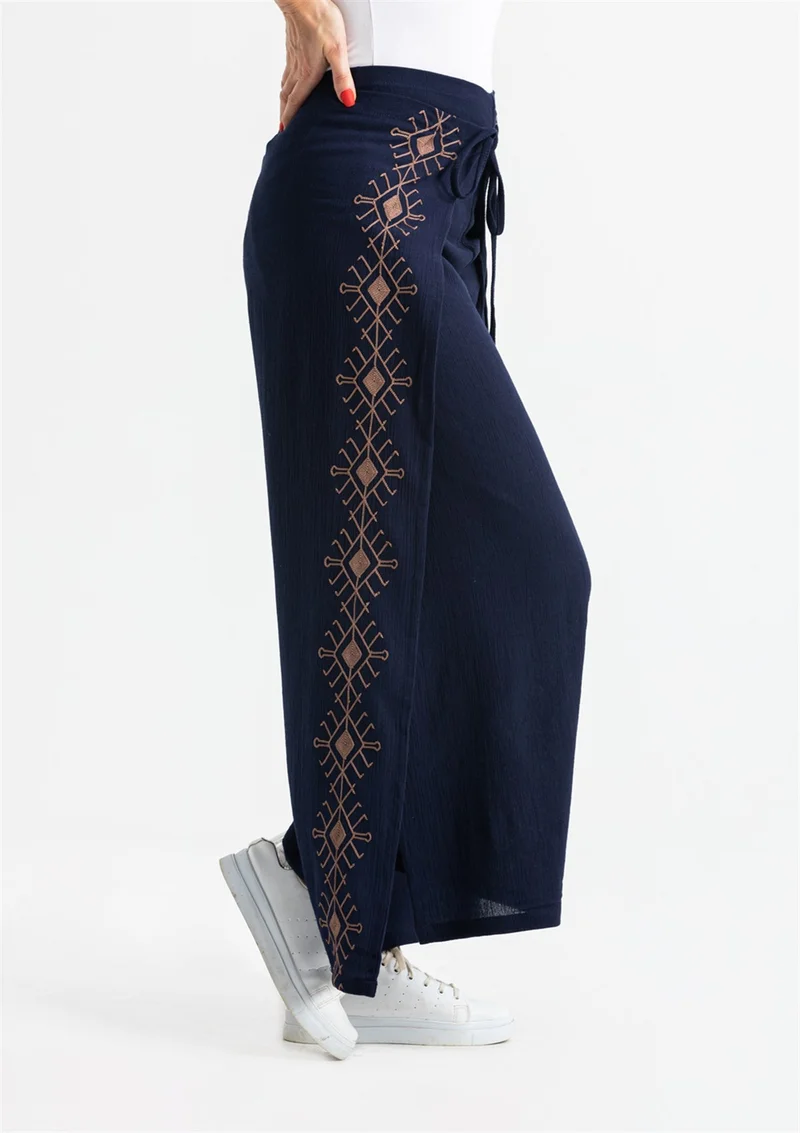 Eliş Şile Bezi Embroidered Şile Cloth Puzzle Trousers Navy Blue Lcvt